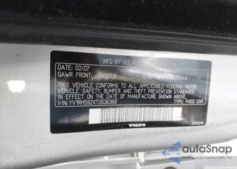 2007 Volvo S60 2.5T z USA, uszkodzony, nr VIN YV1RH592X72636368